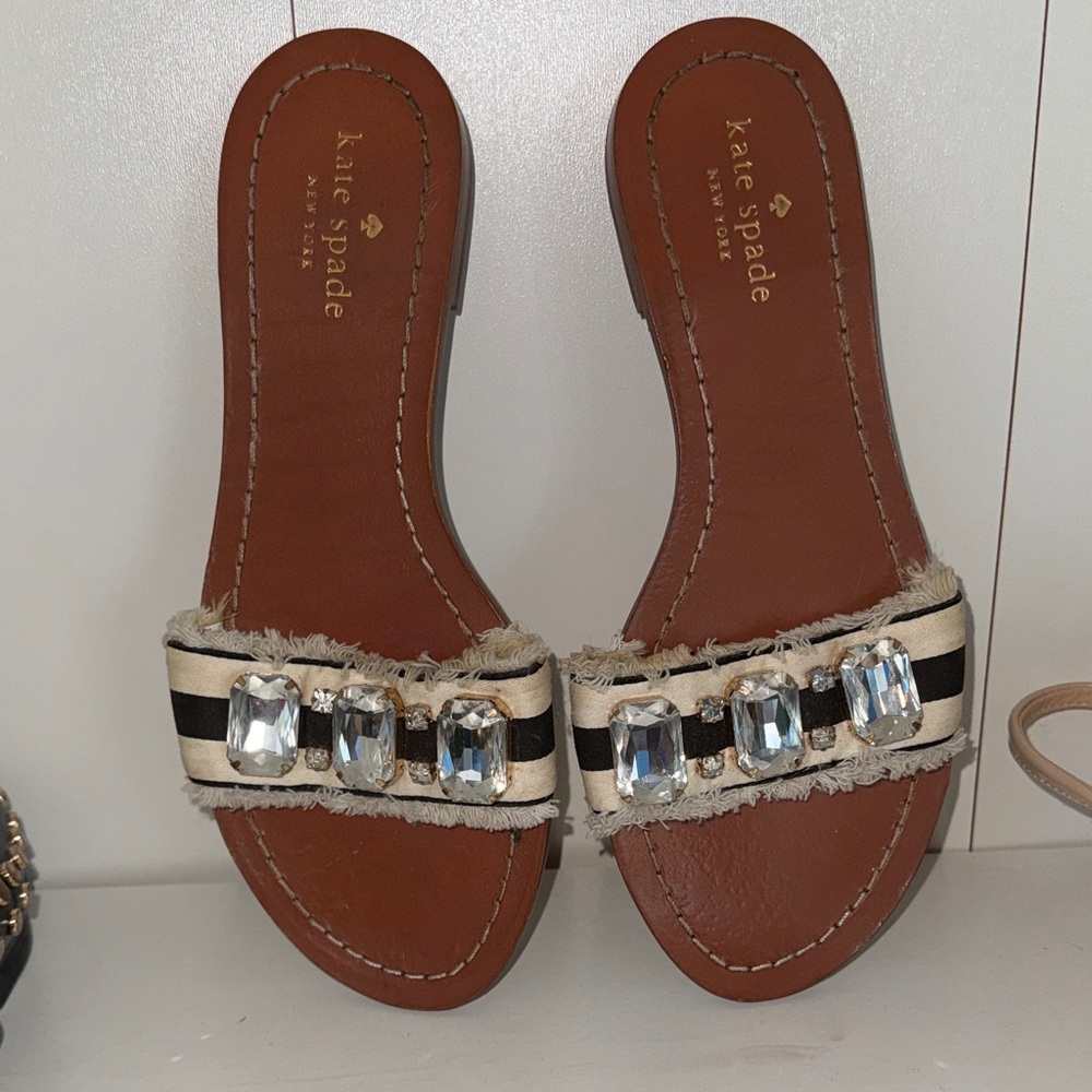 Kate Spade Crystal Embellished Sandals in Cream and Black